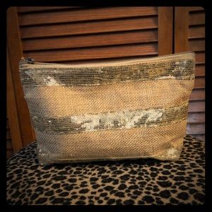 Burlap and gold sequin makeup bag